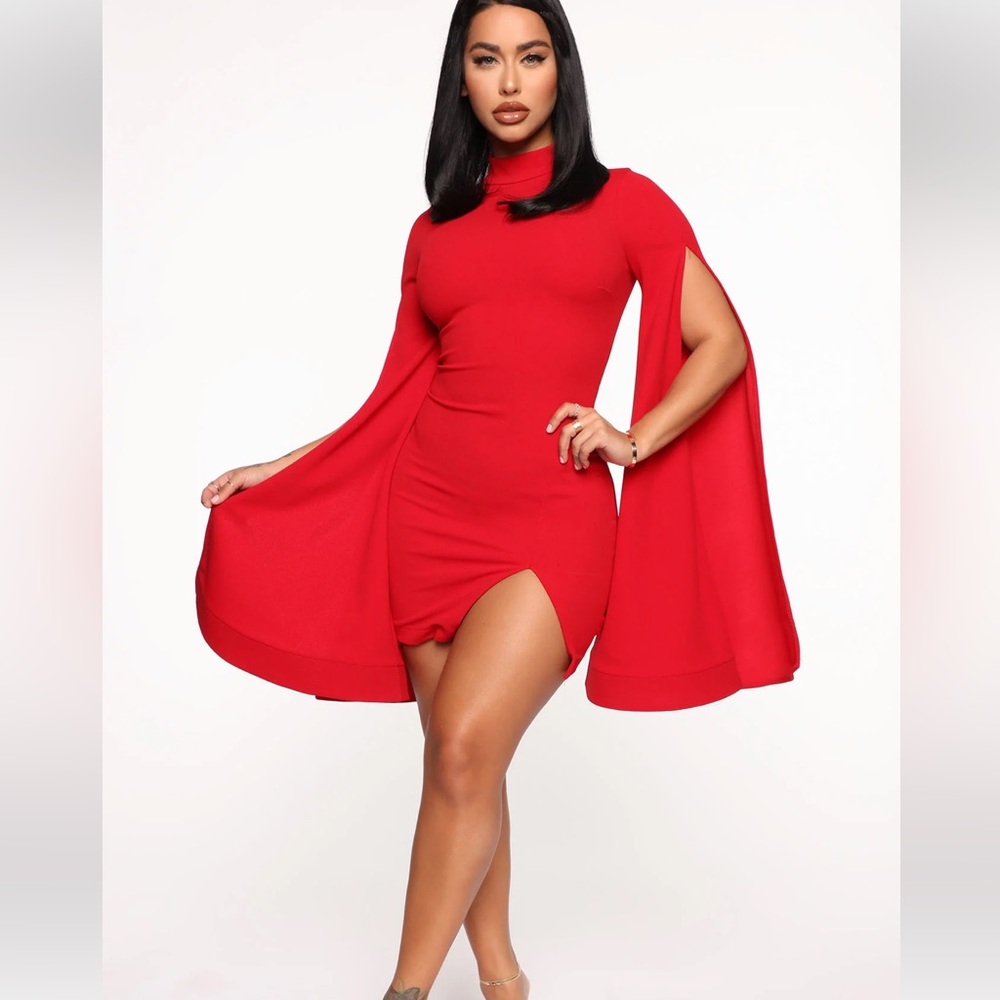 Red High Neck Flare Sleeve Dress (S)